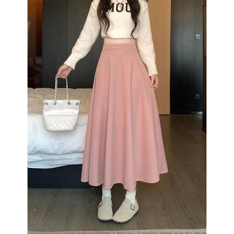 Plain A-Line Midi Skirt with High Waist