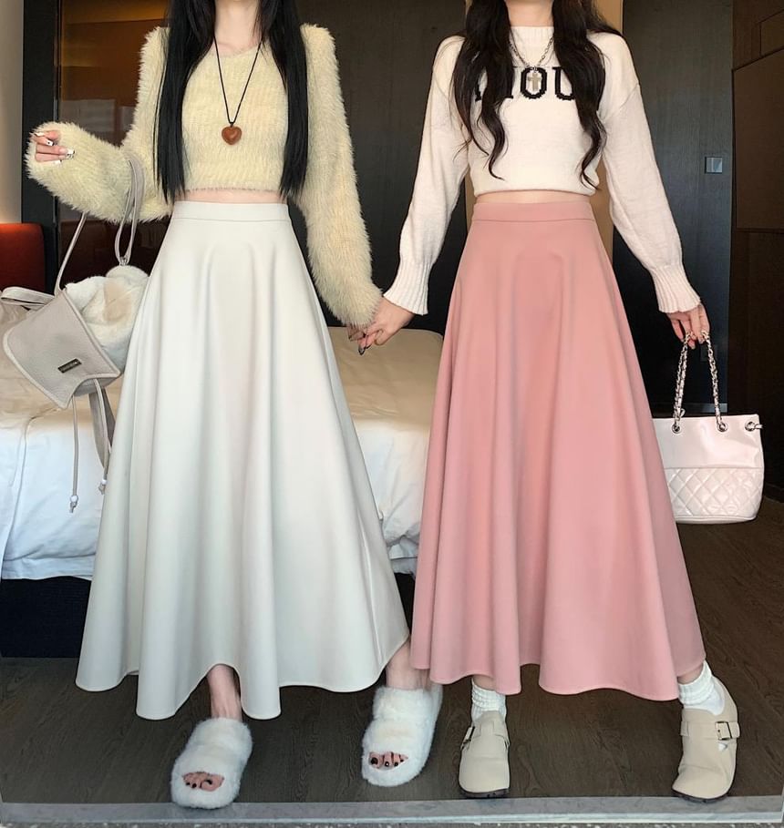 Plain A-Line Midi Skirt with High Waist