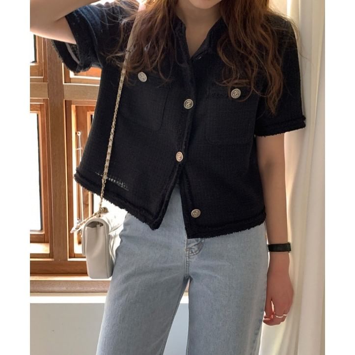 Short-Sleeve Tweed Tassel Trim Button-Up Jacket