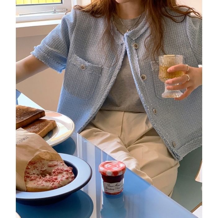 Short-Sleeve Tweed Tassel Trim Button-Up Jacket