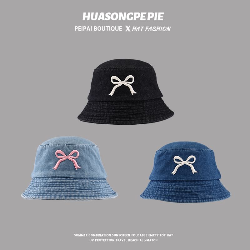 Embroidered Bow Bucket Hat Denim