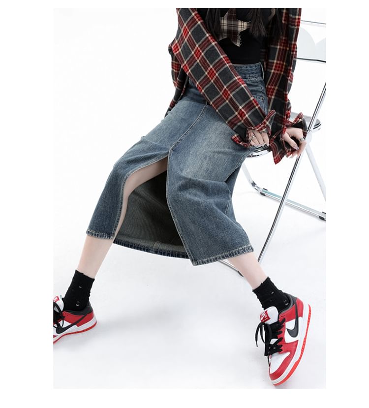 Midi Pencil Denim High Washed Rise Slit Skirt