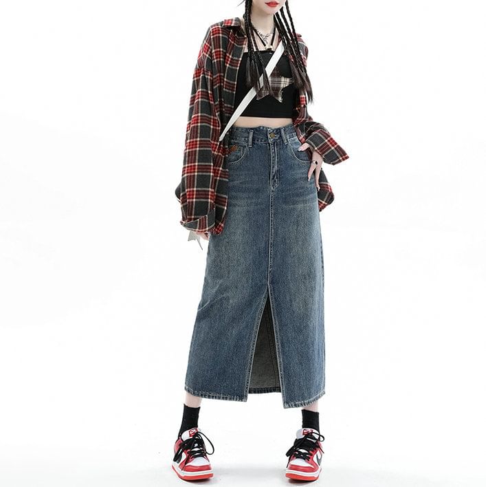 Midi Pencil Denim High Washed Rise Slit Skirt