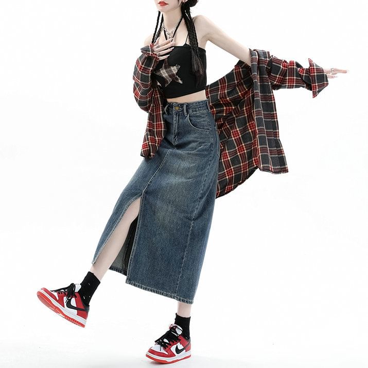 Midi Pencil Denim High Washed Rise Slit Skirt