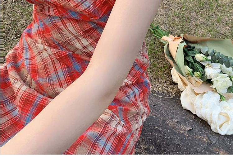 A-Line Dress Plaid Lace Midi Strap Trim Spaghetti