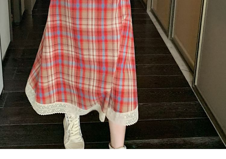A-Line Dress Plaid Lace Midi Strap Trim Spaghetti