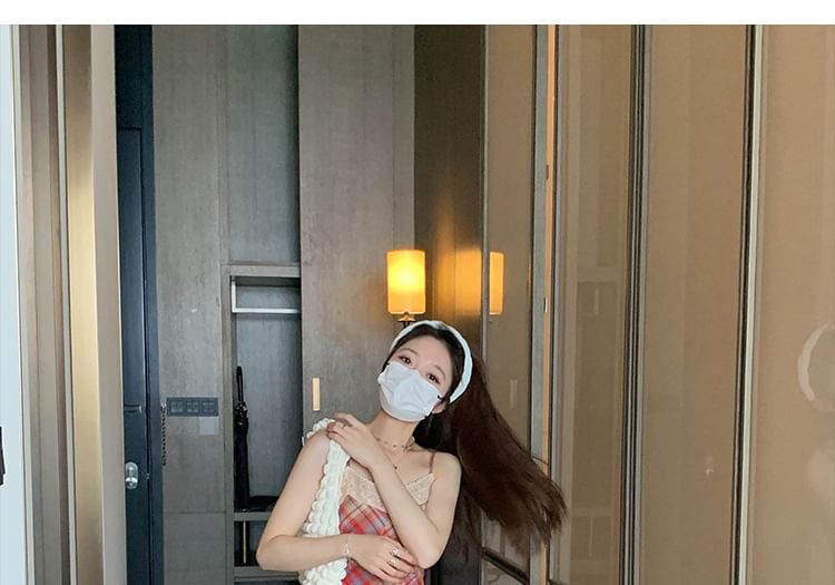 A-Line Dress Plaid Lace Midi Strap Trim Spaghetti