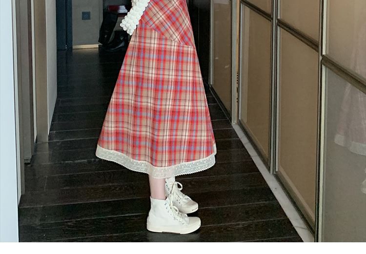 A-Line Dress Plaid Lace Midi Strap Trim Spaghetti