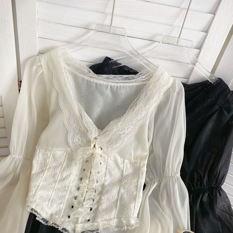 V-Neck Lace-Trim Bustier Blouse