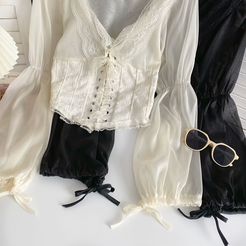 V-Neck Lace-Trim Bustier Blouse
