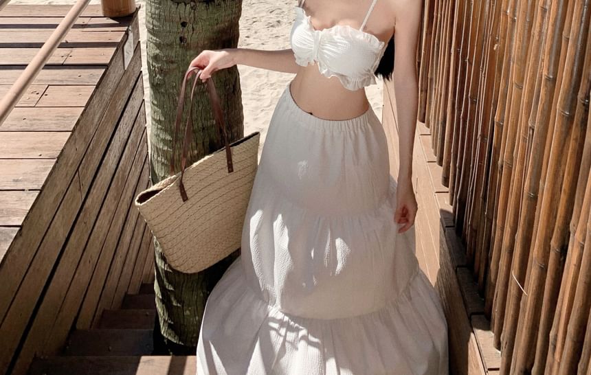 Set: Plain Ruffled Bra Top + Mid Rise Midi A-Line Tiered Skirt