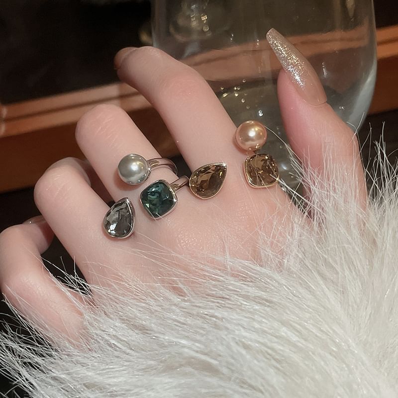 Layered Faux Rhinestone Pearl Open Ring