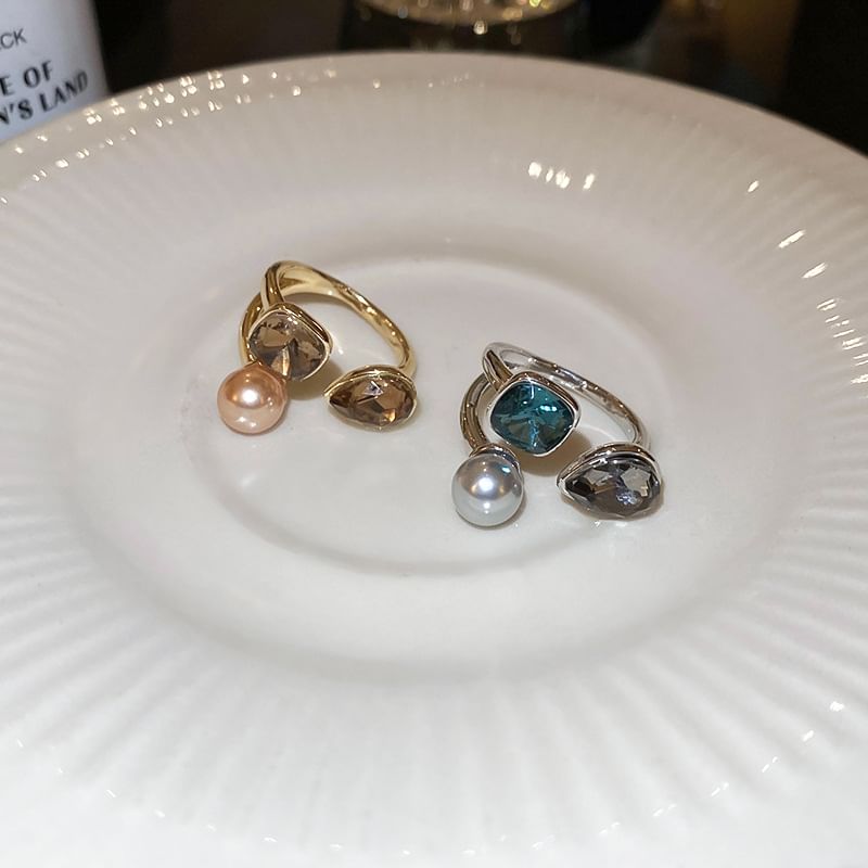 Layered Faux Rhinestone Pearl Open Ring