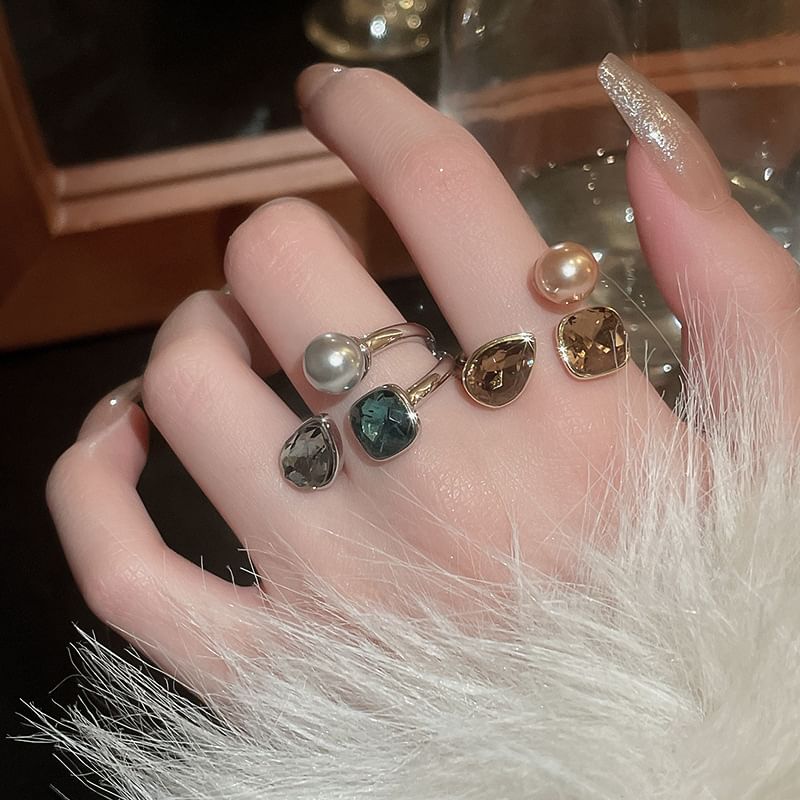 Layered Faux Rhinestone Pearl Open Ring