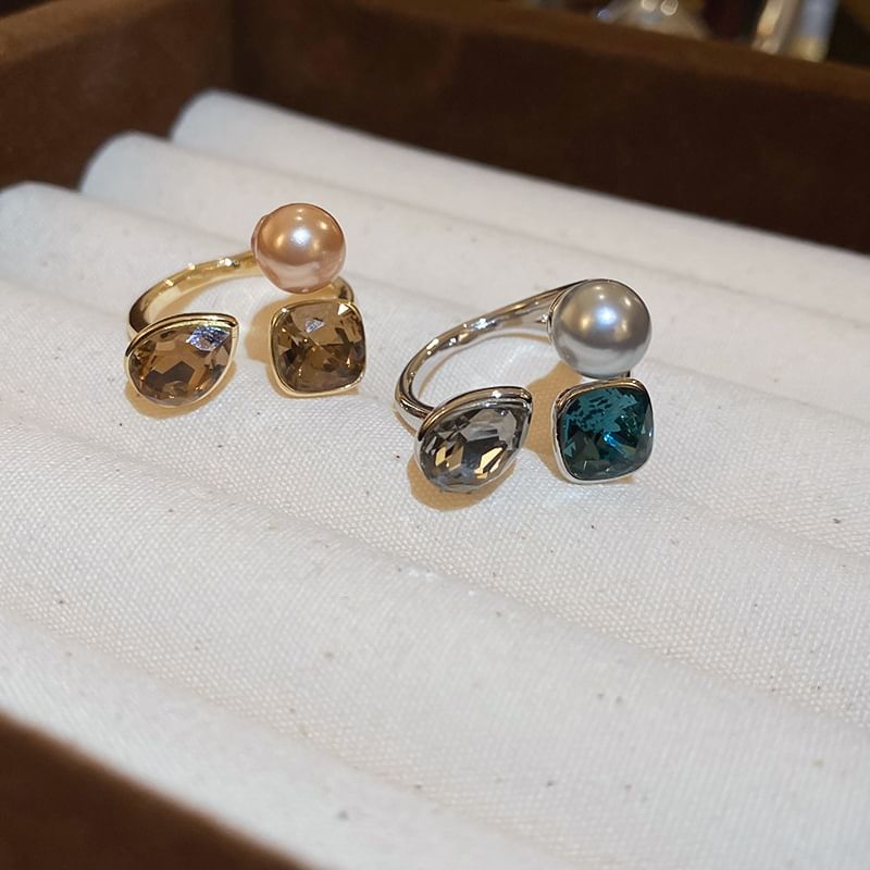Layered Faux Rhinestone Pearl Open Ring