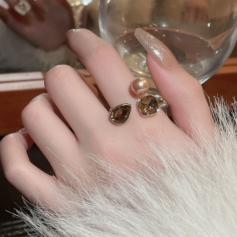 Layered Faux Rhinestone Pearl Open Ring