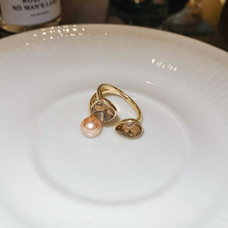 Layered Faux Rhinestone Pearl Open Ring