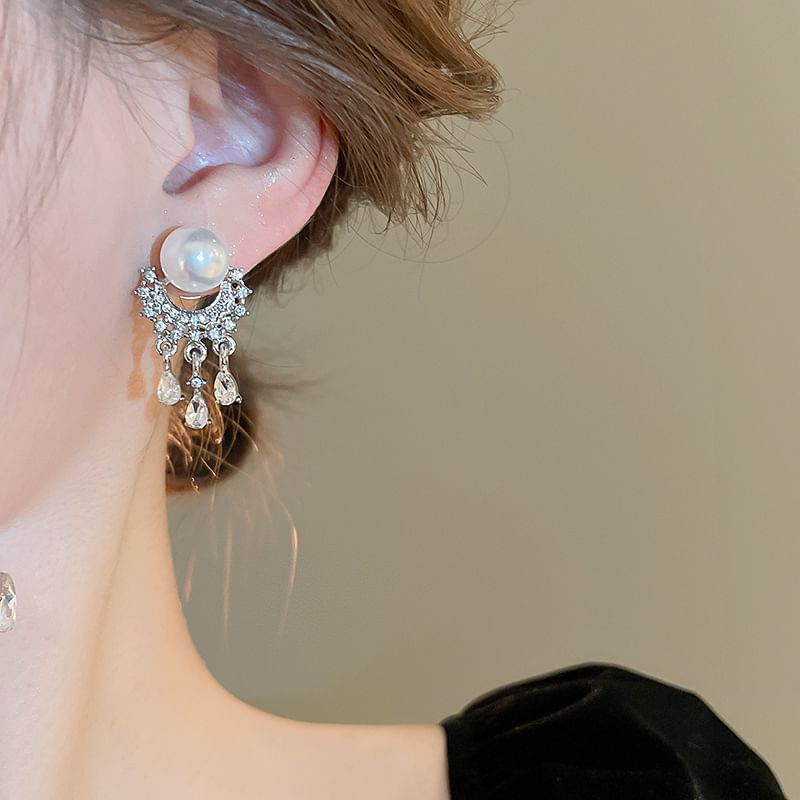 Pearl Rhinestone Faux Fringed Drop Earring