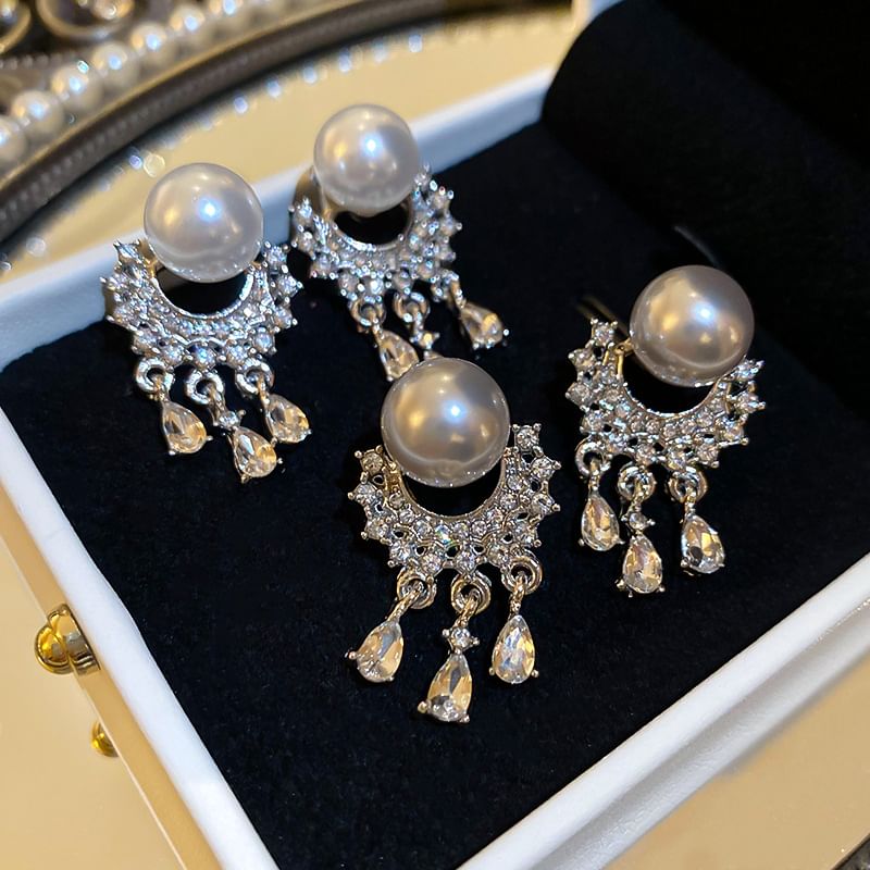 Pearl Rhinestone Faux Fringed Drop Earring