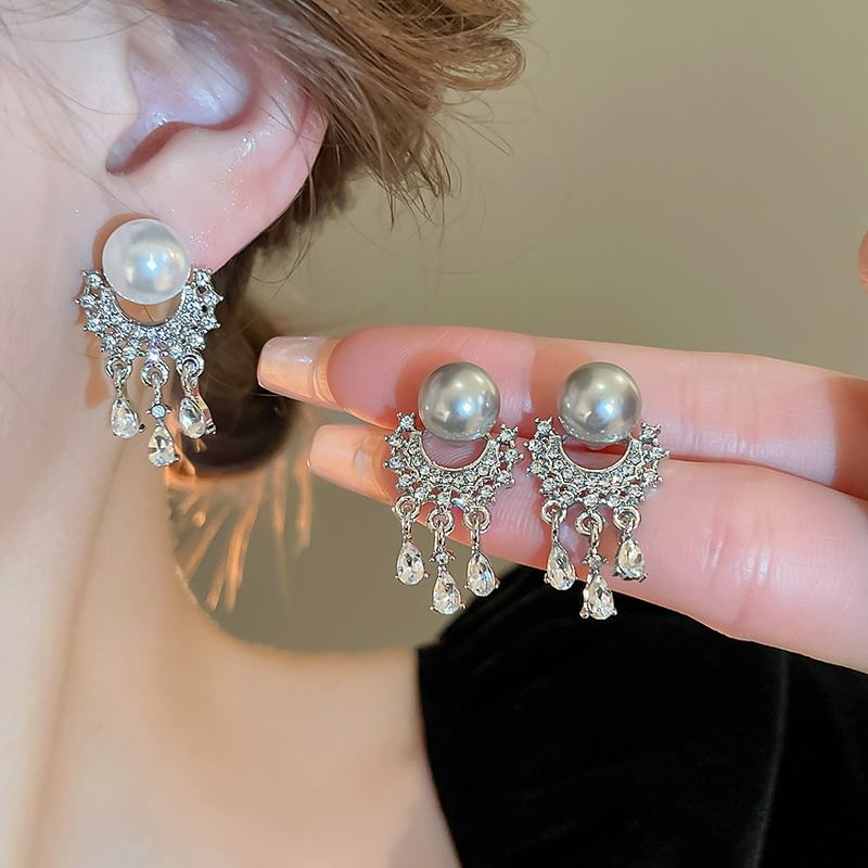 Pearl Rhinestone Faux Fringed Drop Earring
