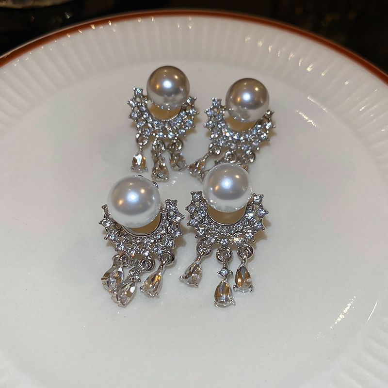 Pearl Rhinestone Faux Fringed Drop Earring