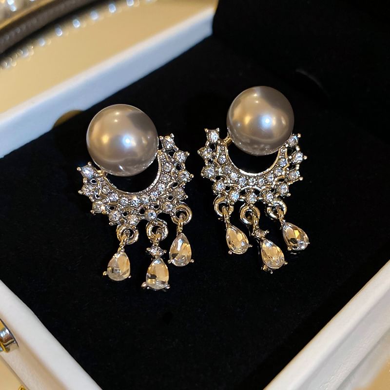 Pearl Rhinestone Faux Fringed Drop Earring