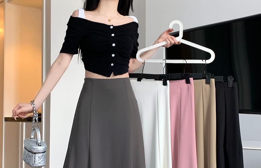 Plain A-Line Midi Skirt with High Rise