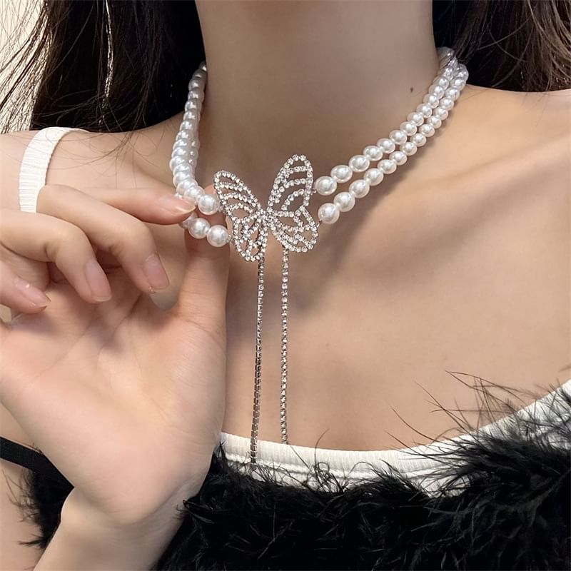 Rhinestone Pearl Faux Butterfly Choker Alloy