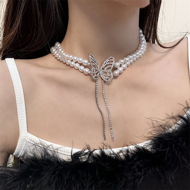 Rhinestone Pearl Faux Butterfly Choker Alloy