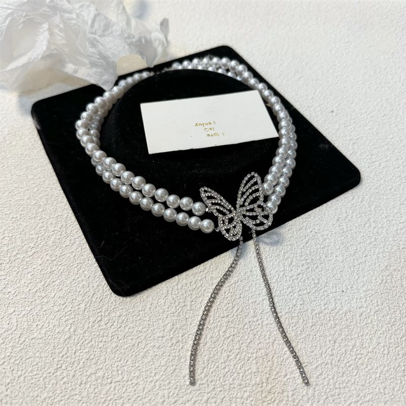 Rhinestone Pearl Faux Butterfly Choker Alloy