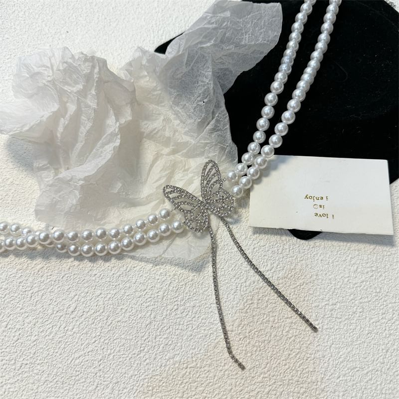 Rhinestone Pearl Faux Butterfly Choker Alloy