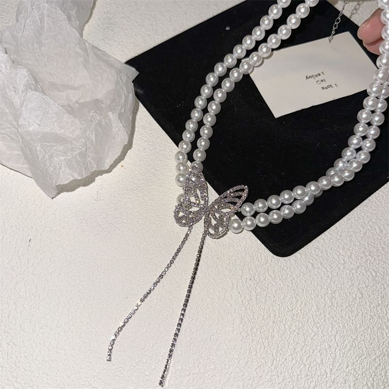 Rhinestone Pearl Faux Butterfly Choker Alloy
