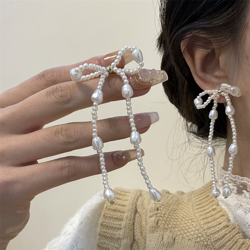 Dangle Bow Pearl Faux Earring