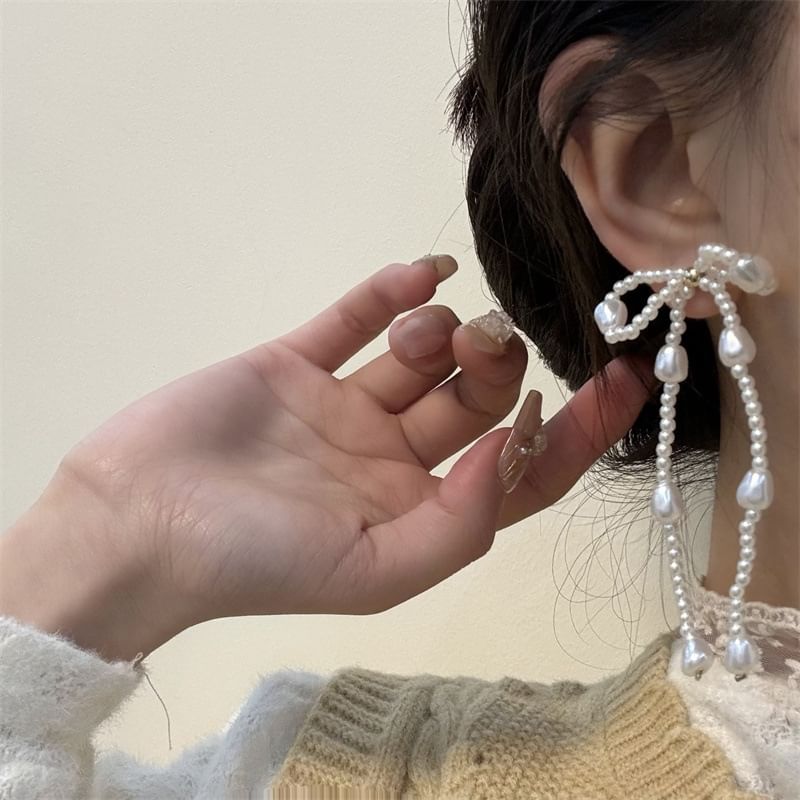 Dangle Bow Pearl Faux Earring