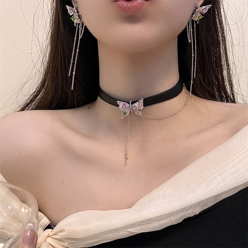 / Threader Choker Alloy Leather Butterfly Earring Faux