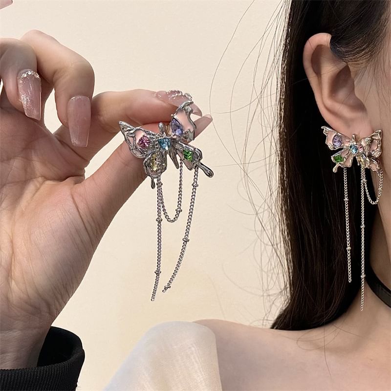 / Threader Choker Alloy Leather Butterfly Earring Faux