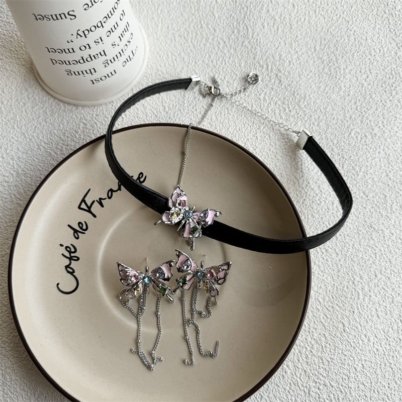 / Threader Choker Alloy Leather Butterfly Earring Faux