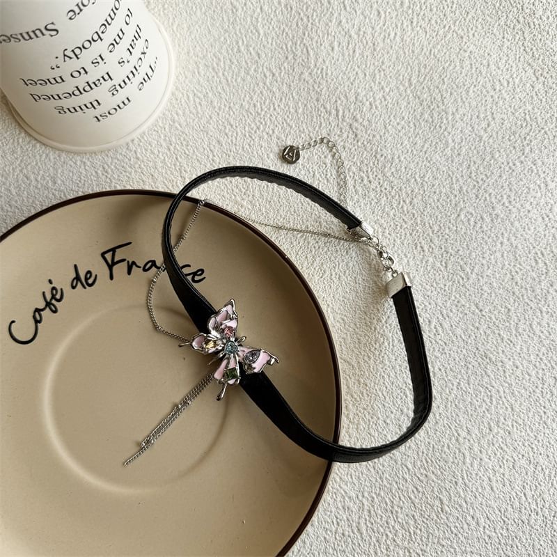 / Threader Choker Alloy Leather Butterfly Earring Faux