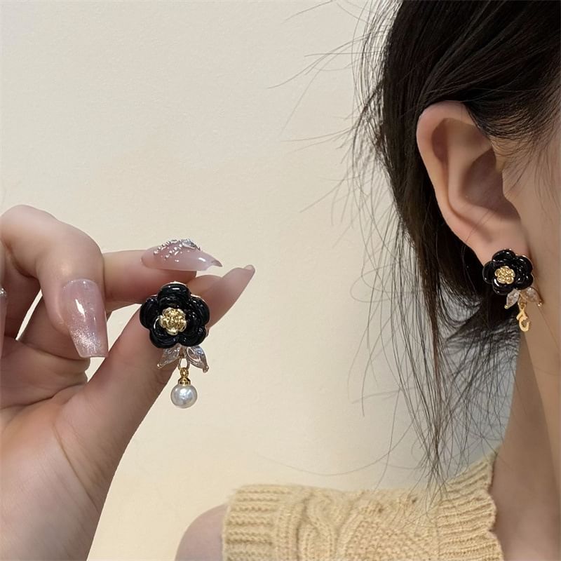Pearl Alloy Floral Earring Faux Drop