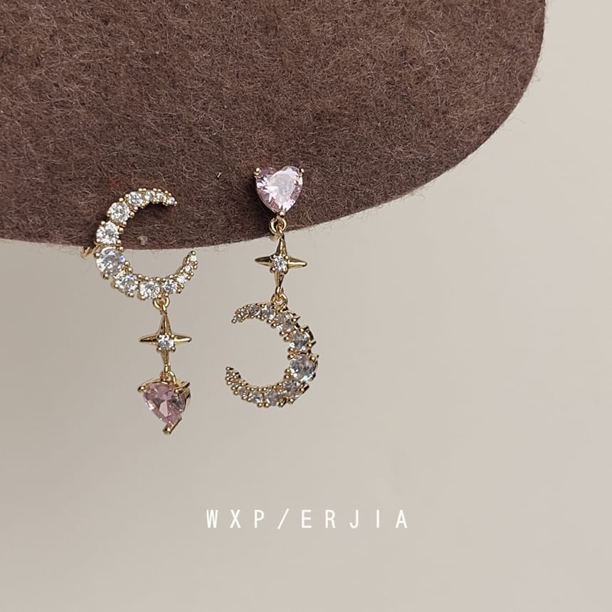 Asymmetrical Earring Rhinestone Moon Star Dangle Alloy
