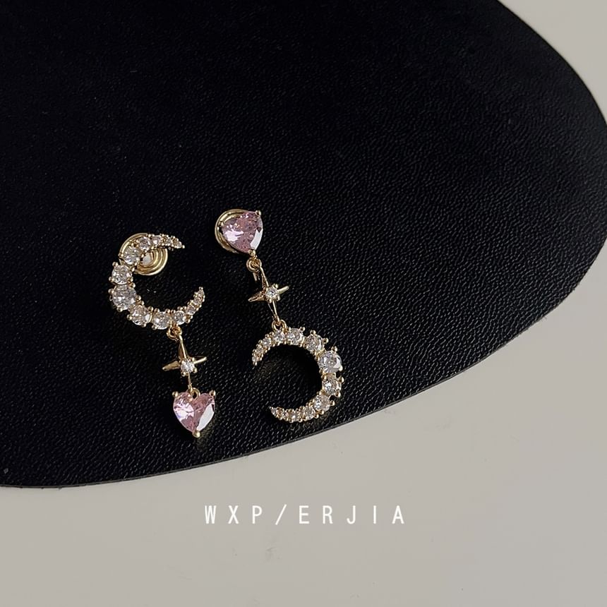 Asymmetrical Earring Rhinestone Moon Star Dangle Alloy