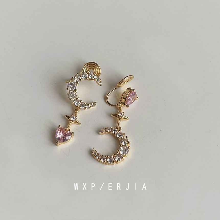 Asymmetrical Earring Rhinestone Moon Star Dangle Alloy
