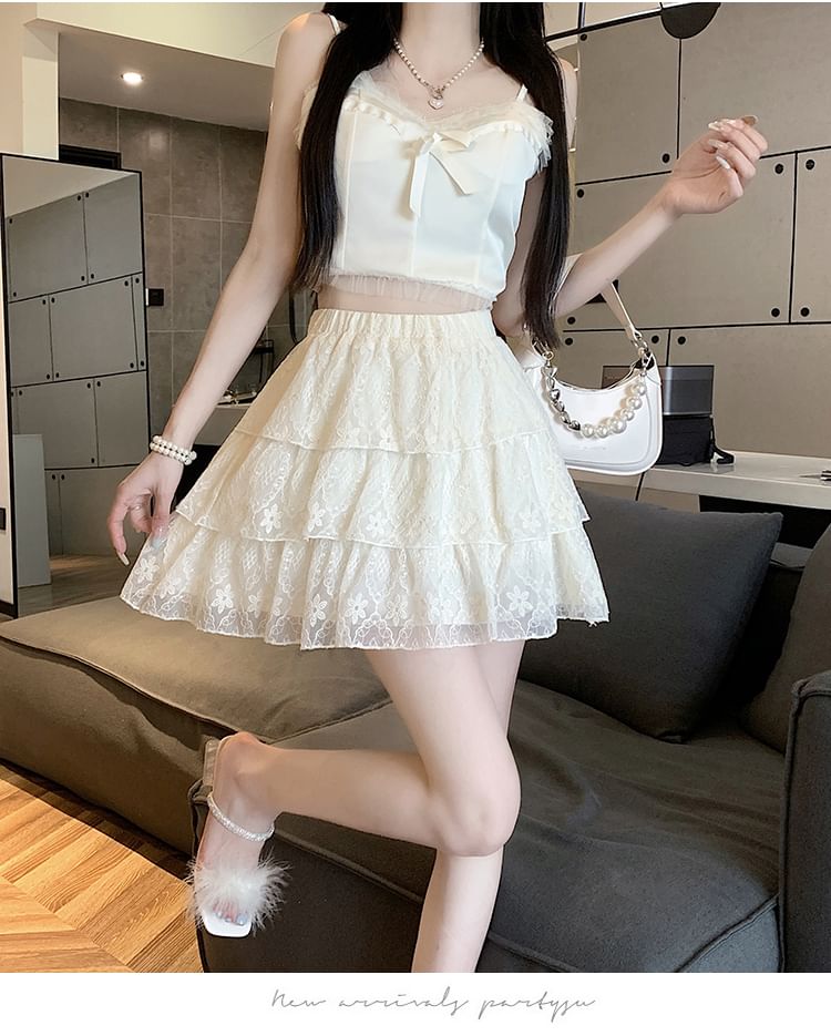 Lace Trim Tiered Mini Skirt with High Waist