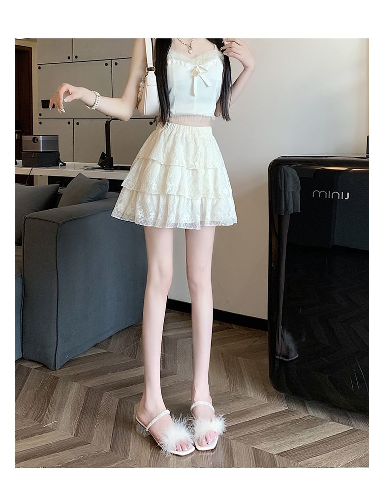 Lace Trim Tiered Mini Skirt with High Waist