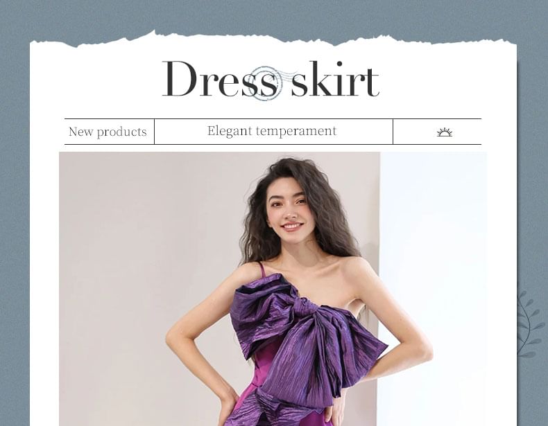 Spaghetti Strap One-Shoulder Two Tone Bow Accent Ruffle Trim A-Line Satin Evening Gown