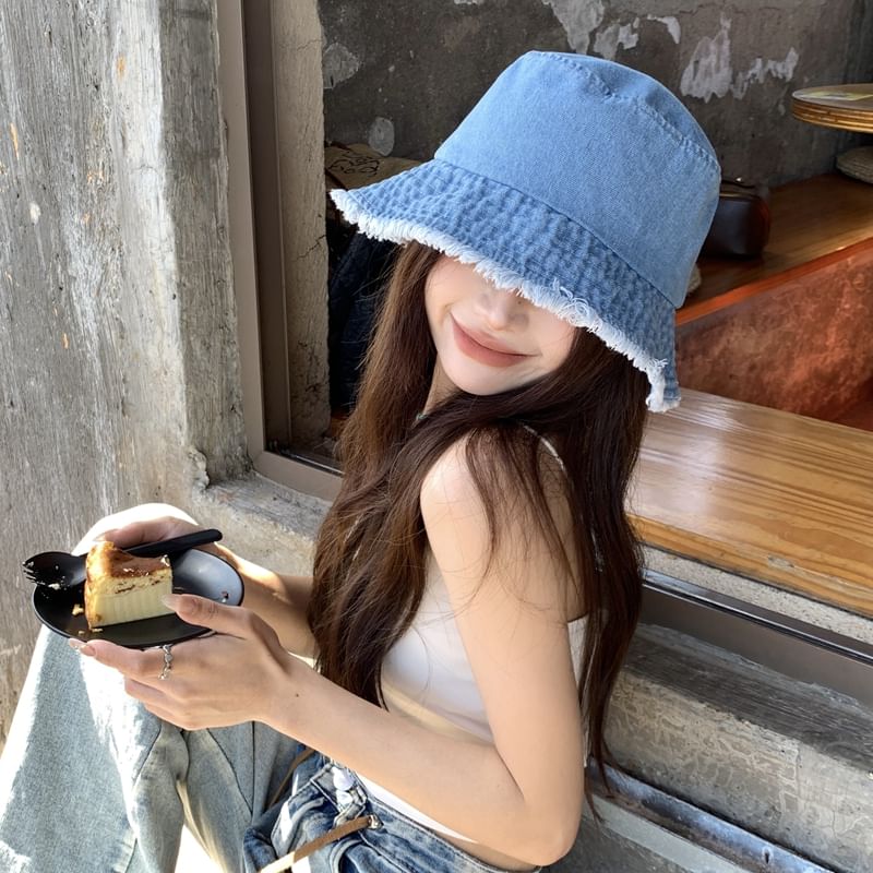Denim Fringed Hat Bucket