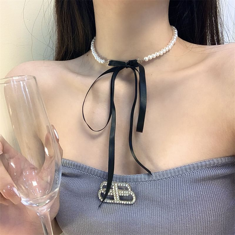 Choker Bow Earring / Pearl Hoop Faux