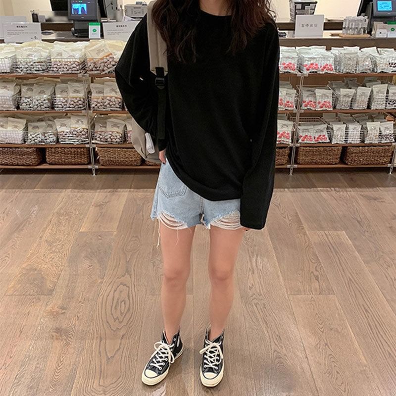 Crew Oversized Plain Tee Long-Sleeve Neck