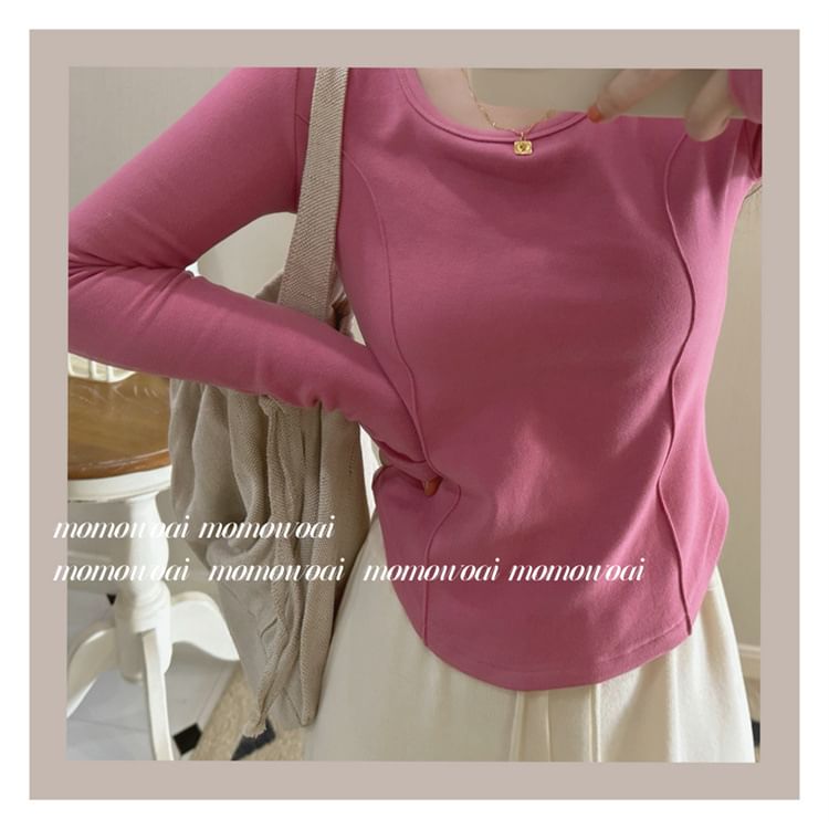 T-Shirt Long-Sleeve Scoop Plain Asymmetrical Neck