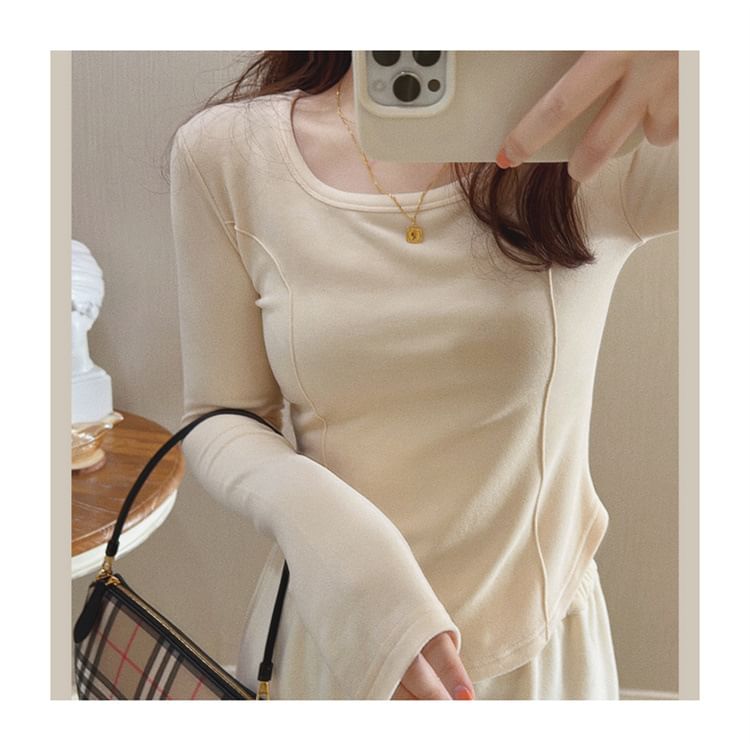 T-Shirt Long-Sleeve Scoop Plain Asymmetrical Neck